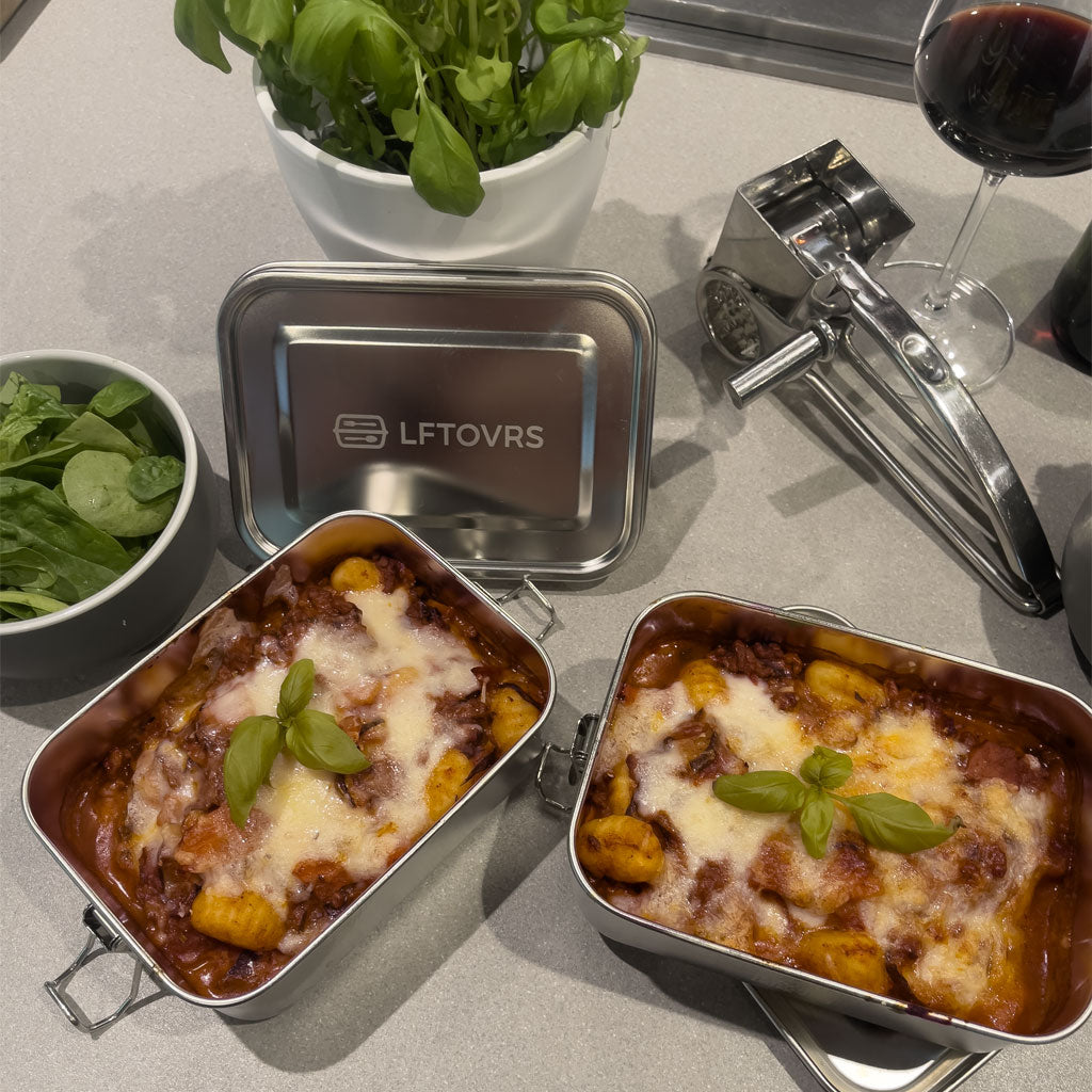 meal prepped pasta in metal container