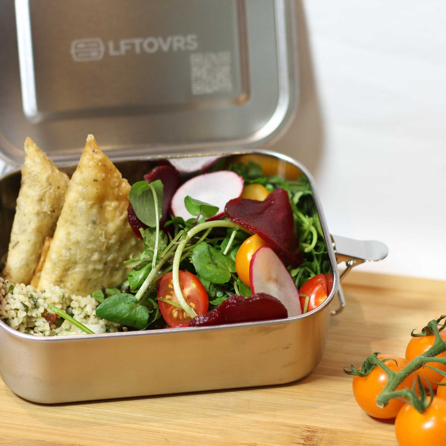 lunch inside a premium lunch box made from stainless steel