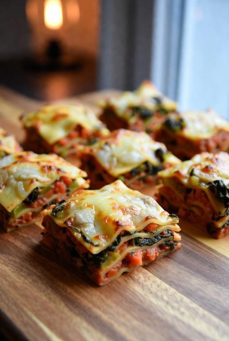 Vegetarian lasagne cut into snack squares
