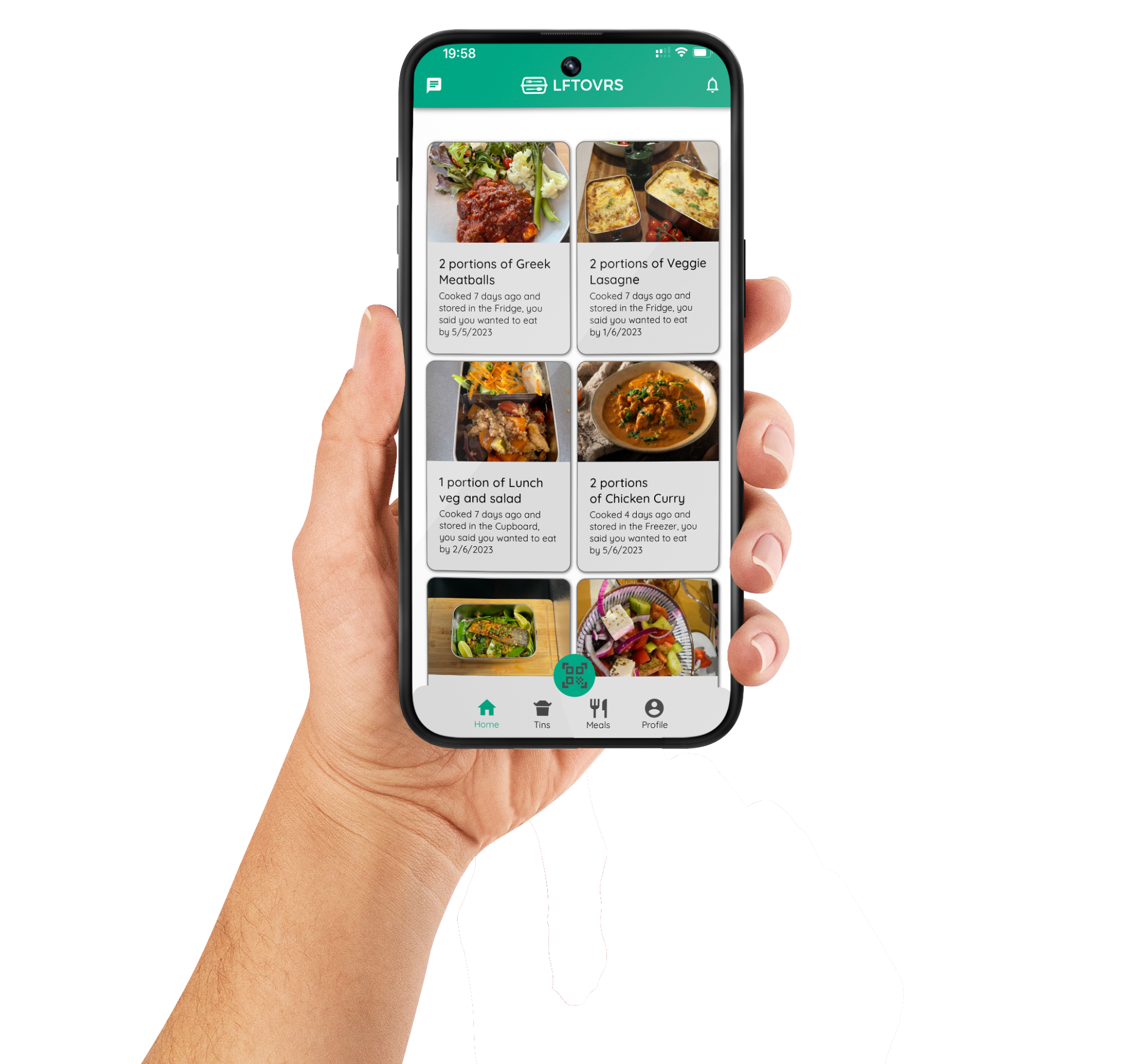 LftOvrs app displayed on a phone with stored meals