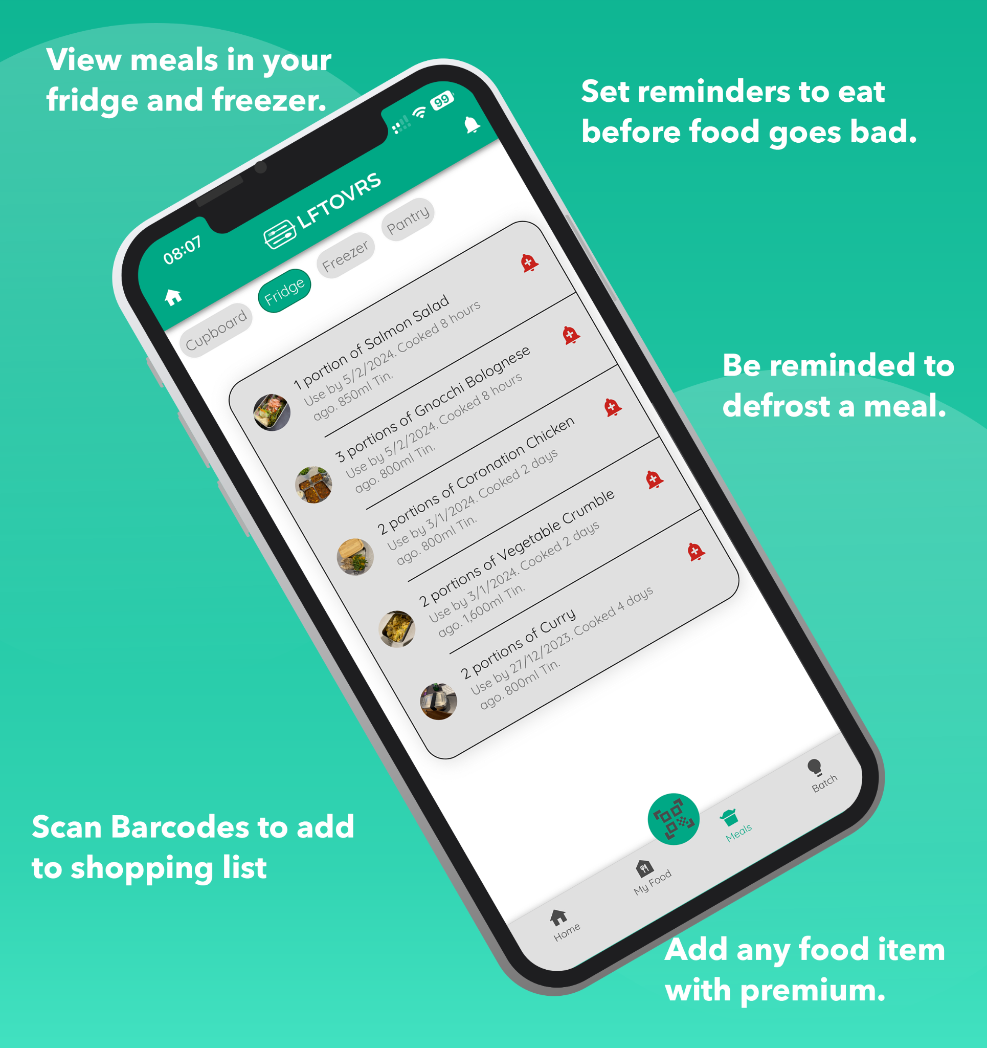 LftOvrs app showing an individual stored meal with QR scanning and reminders